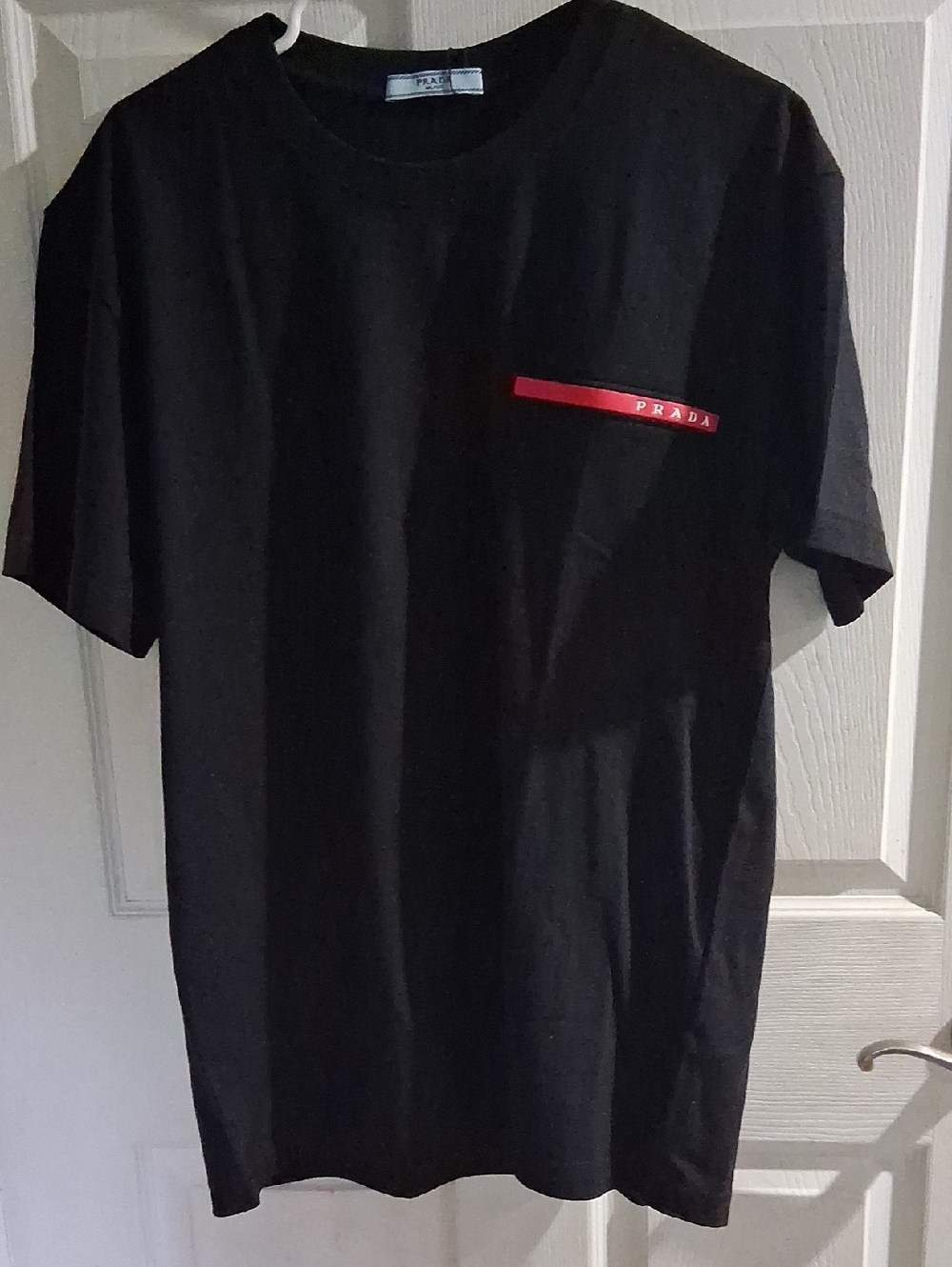 NWT Prada Black Short Sleeve Tee with Red Logo Stripe